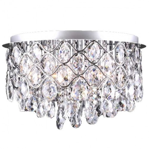 Kryształowy plafon sufitowy z chromowaną podstawą i wiszącymi elementami w kształcie łez.