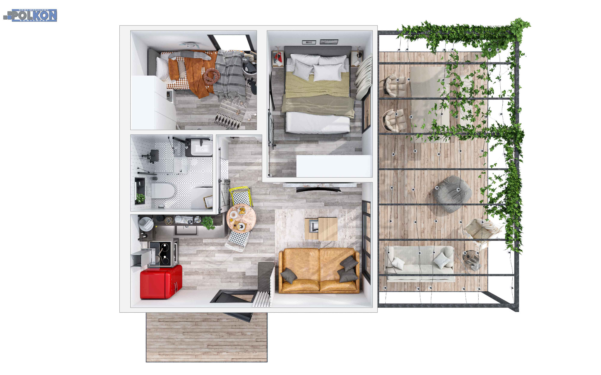 Wizualizacja 3D przekroju domu z tarasem: sypialnia z dekoracyjnym kocem, łazienka z mozaiką, salon z sofą i taras porośnięty zielenią.