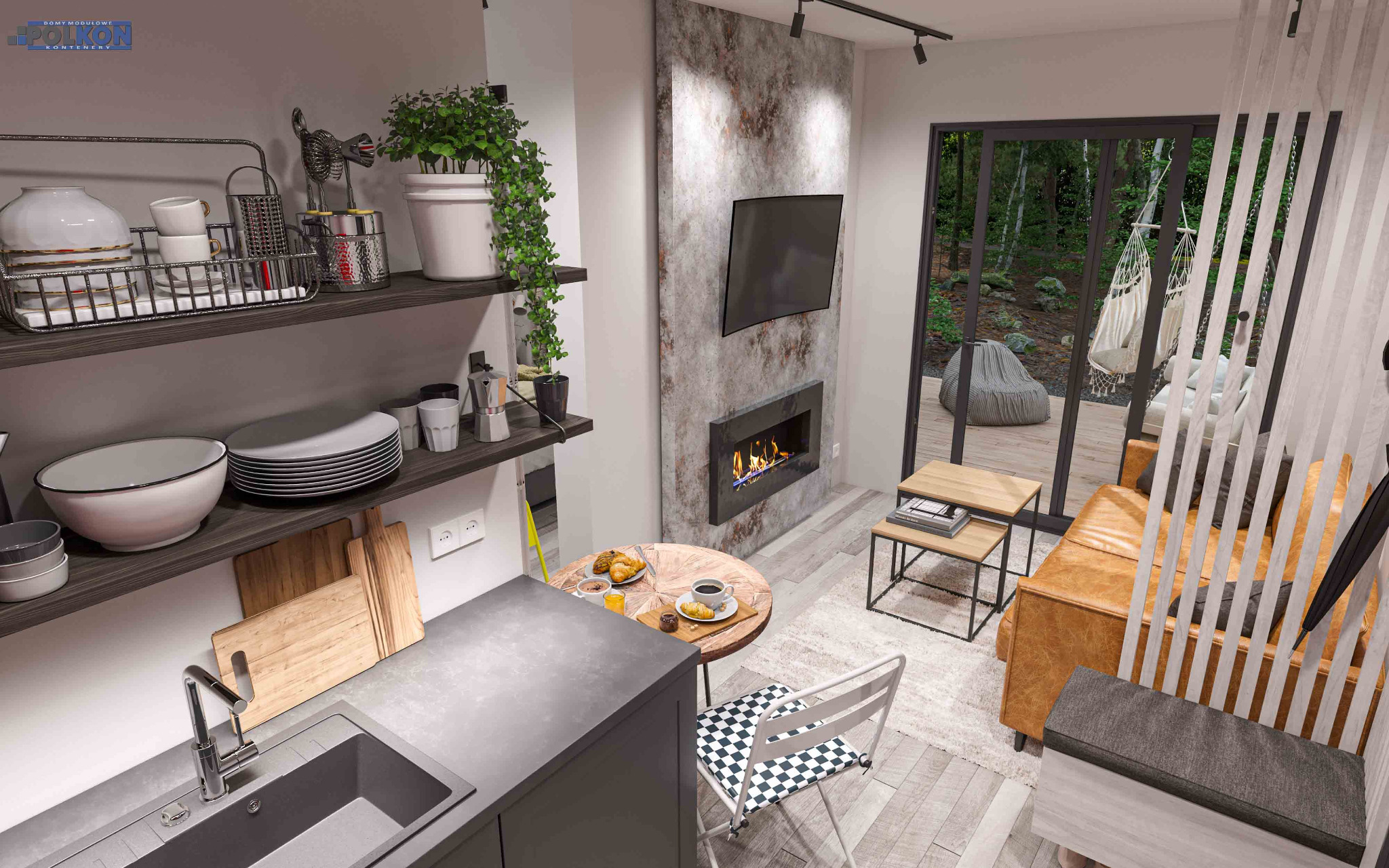 Wnętrze domu z aneksem kuchennym, kominkiem i wyjściem na taras z hamakiem, w stylu nowoczesnym.