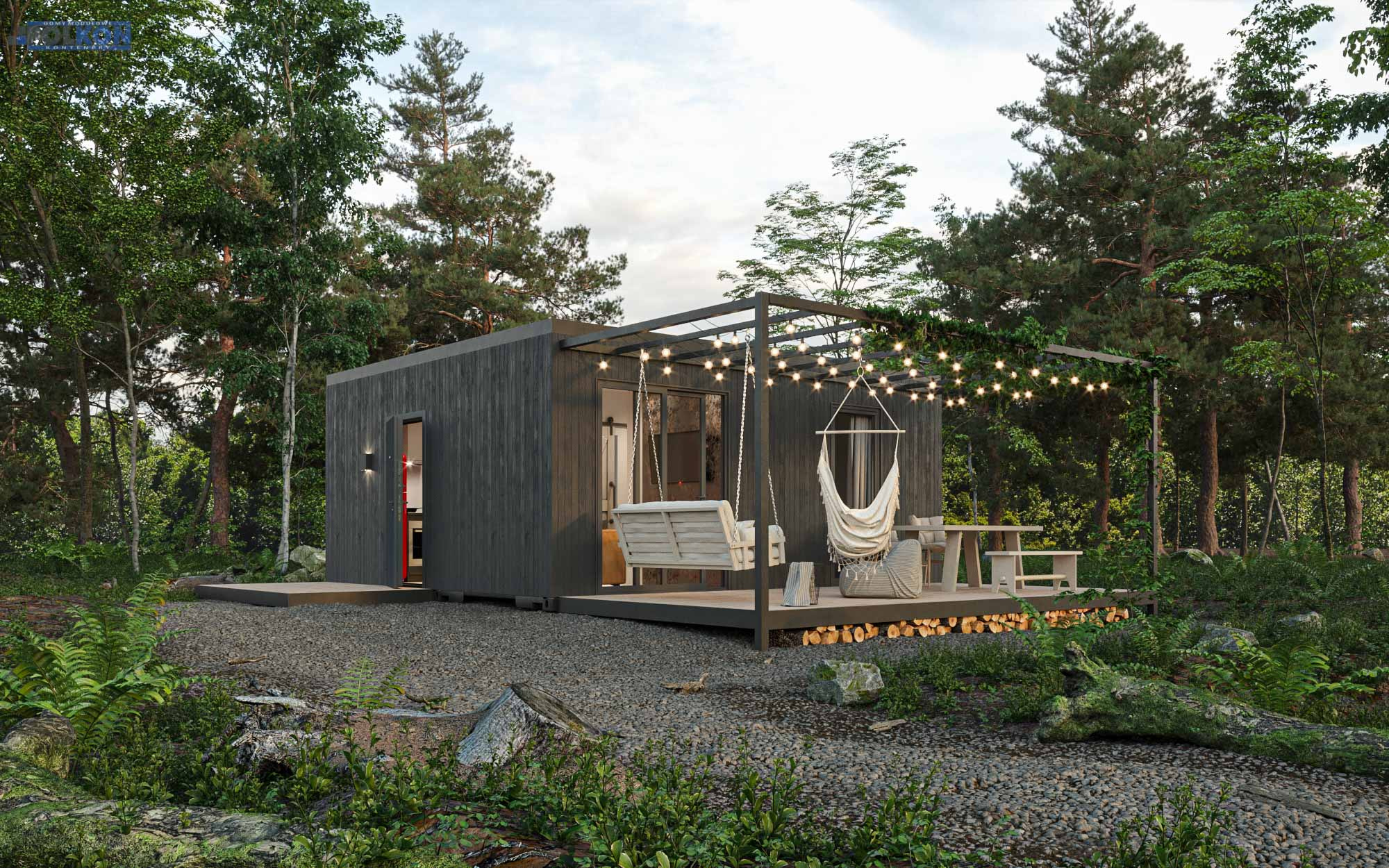 Czarny, nowoczesny dom kontenerowy z drewnianą elewacją, tarasem z huśtawką i hamakiem, oświetlony girlandą żarówek, otoczony lasem.