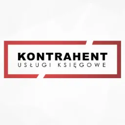 Logo firmy 'KONTRAHENT' świadczącej usługi księgowe, w czerwonej ramce na białym tle.