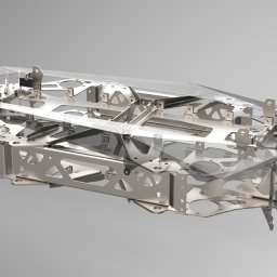BBG Industrial Sp. z o.o. - Model 3D ramy konstrukcyjnej domu z metalowymi elementami i przezroczystymi panelami, widok z boku.