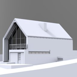 BBG Industrial Sp. z o.o. - Wizualizacja 3D nowoczesnego domu z dachem dwuspadowym, dużymi przeszkleniami i balkonem, w monochromatycznej bieli na szarym tle.