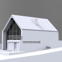 Wizualizacja 3D nowoczesnego domu z dachem dwuspadowym, dużymi przeszkleniami i balkonem, w monochromatycznej bieli na szarym tle.