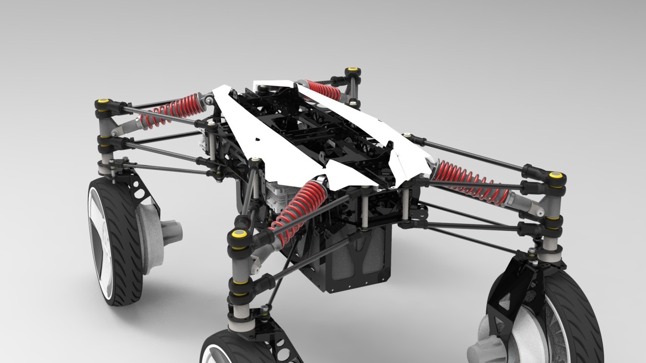 Model 3D podwozia pojazdu z czerwonymi amortyzatorami i białymi elementami karoserii na szarym tle.