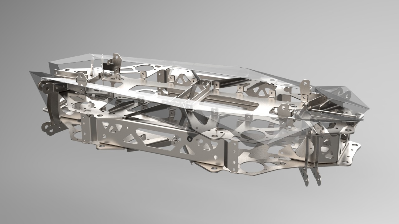 Model 3D ramy konstrukcyjnej domu z metalowymi elementami i przezroczystymi panelami, widok z boku.