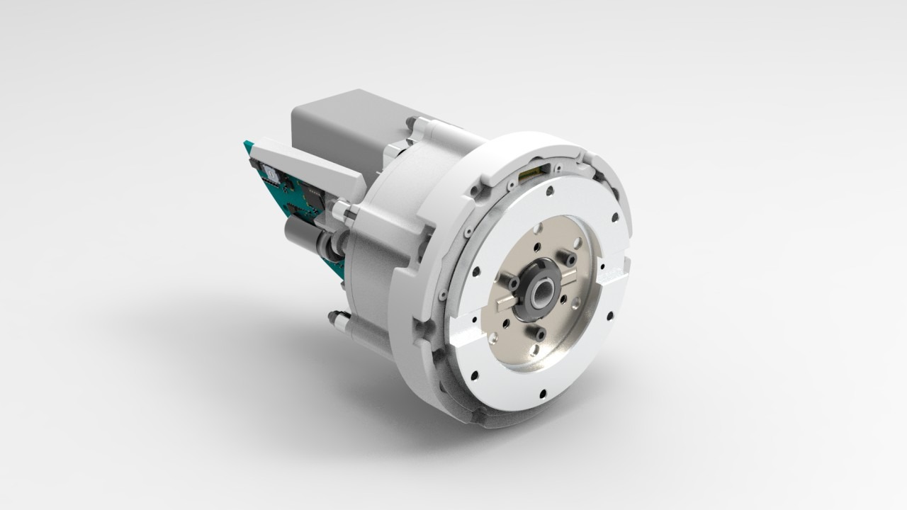 Wizualizacja 3D modułowego silnika elektrycznego z widoczną płytką drukowaną i metalowymi elementami mocującymi na białym tle.