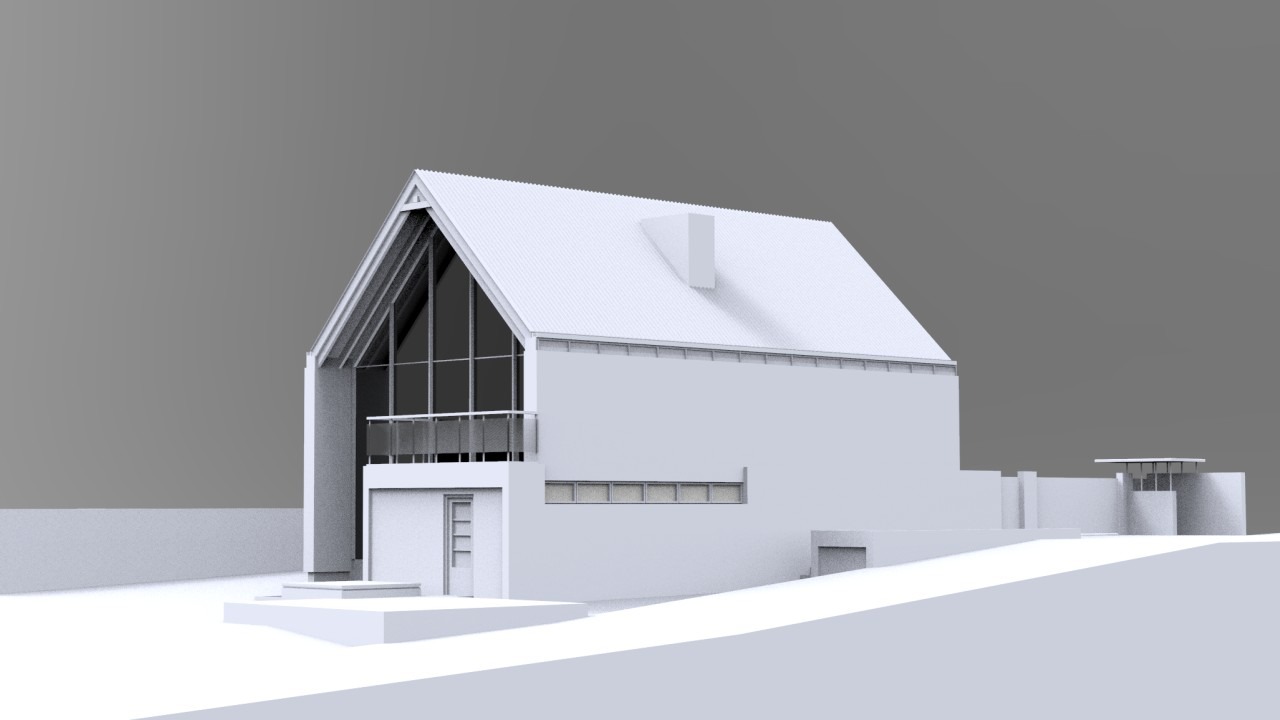 Wizualizacja 3D nowoczesnego domu z dachem dwuspadowym, dużymi przeszkleniami i balkonem, w monochromatycznej bieli na szarym tle.