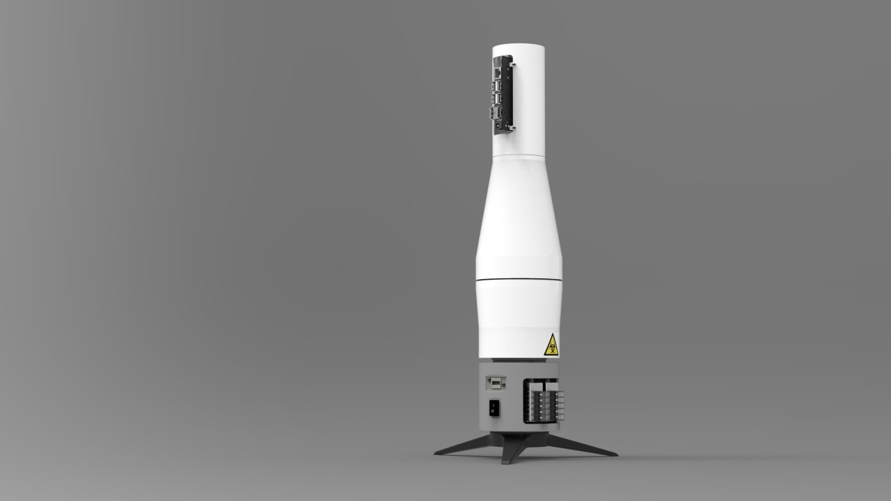 Wizualizacja urządzenia z białymi segmentami cylindrycznymi na trójnożnej podstawie, widoczne porty USB i ostrzeżenie o zagrożeniu biologicznym.