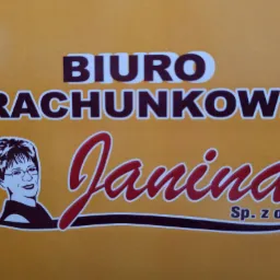 Szyld Biura Rachunkowego 'Janina Sp. z o.o.' z grafiką przedstawiającą uśmiechniętą kobietę w okularach, na pomarańczowym tle.