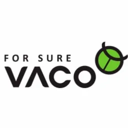 Logo firmy Vaco For Sure z zielonym symbolem przypominającym kapustę lub główkę sałaty, prawdopodobnie związane z produktami lub usługami ekologicznymi.
