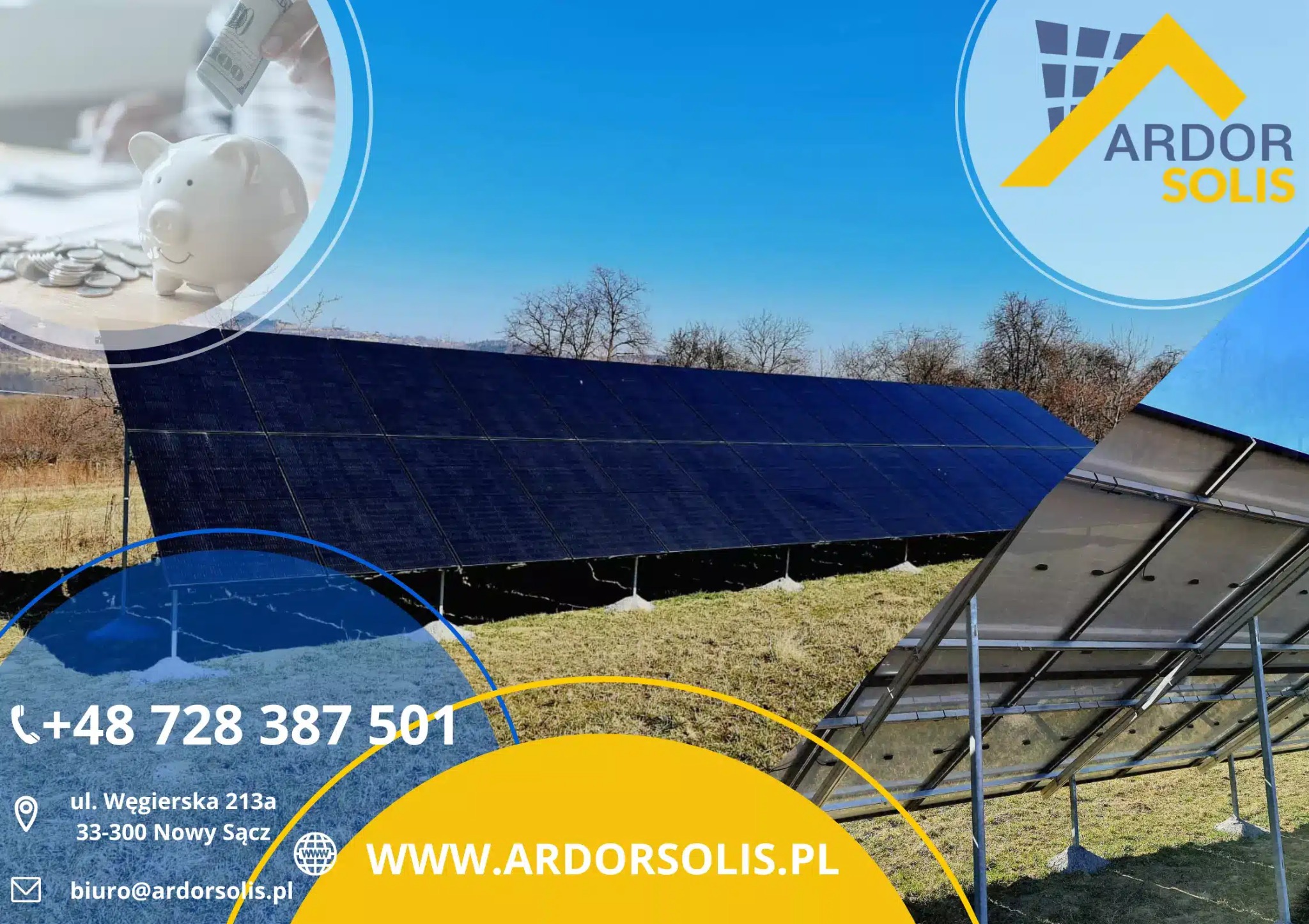 Instalacja fotowoltaiczna na gruncie z widocznymi panelami, konstrukcją wsporczą i tłem krajobrazowym, nakładka graficzna z elementami logo, danymi kontaktowymi i świnką skarbonką symbolizującą...