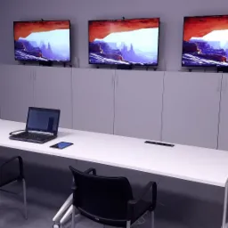 Sala szkoleniowa z trzema monitorami wyświetlającymi krajobraz skalny, umieszczonymi nad białą zabudową meblową. Na białym stole laptop, tablet i panel sterujący. Krzesła na kółkach.