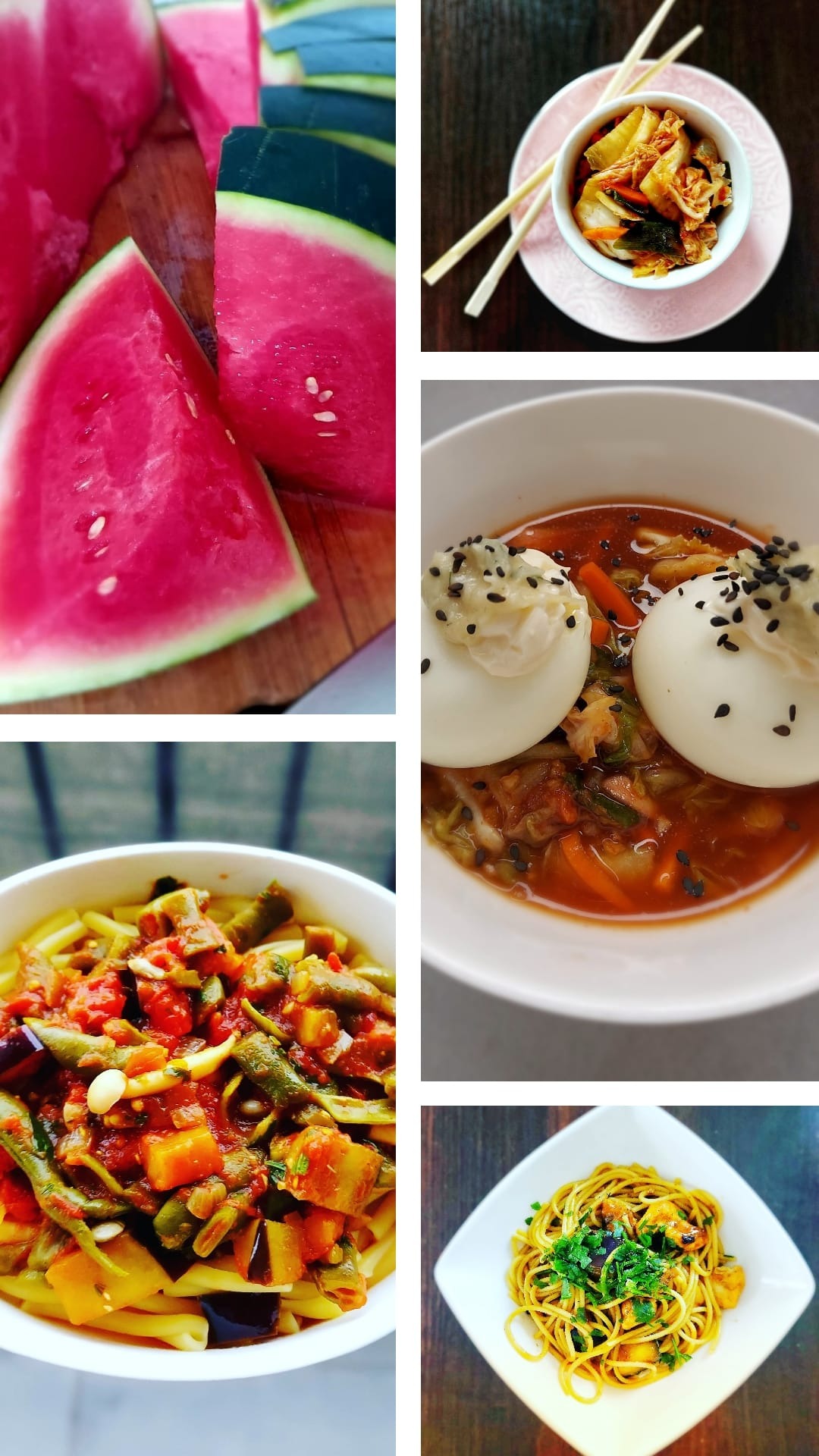 Kompozycja z pięciu zdjęć: arbuz na desce, kimchi z pałeczkami, jajka w zupie, makaron z warzywami w sosie pomidorowym i makaron z ziołami.