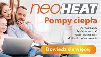 Rodzina przegląda ofertę na laptopie, w tle widoczny napis 'neoHEAT Pompy ciepła' oraz informacje o energii z natury i dofinansowaniu.