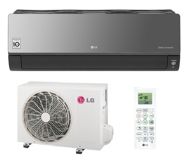 Szary klimatyzator LG Smart Inverter z jednostką zewnętrzną i pilotem na białym tle.