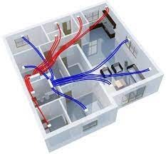 Schemat instalacji w mieszkaniu z zaznaczonymi na czerwono i niebiesko przewodami wentylacyjnymi lub klimatyzacyjnymi.