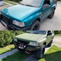JD Garage - Porównanie przed i po: Opel Frontera po tuningu, z nowym zderzakiem, wyciągarką i odświeżonym lakierem w odcieniu khaki.