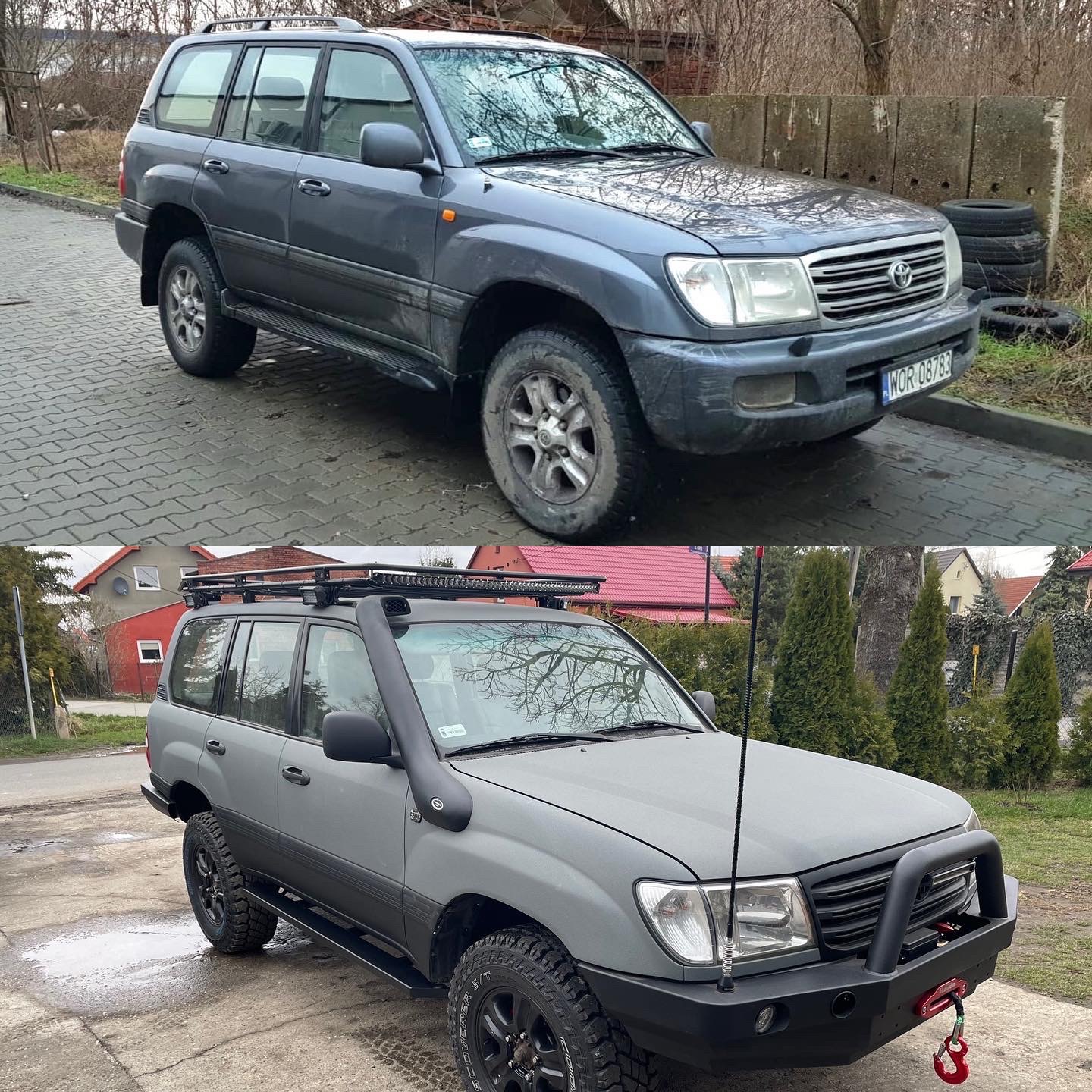 Porównanie stanu pojazdu terenowego Toyota Land Cruiser przed i po tuningu: matowy szary lakier, snorkel, orurowanie przednie z wyciągarką, bagażnik dachowy z oświetleniem LED, zmodyfikowane...