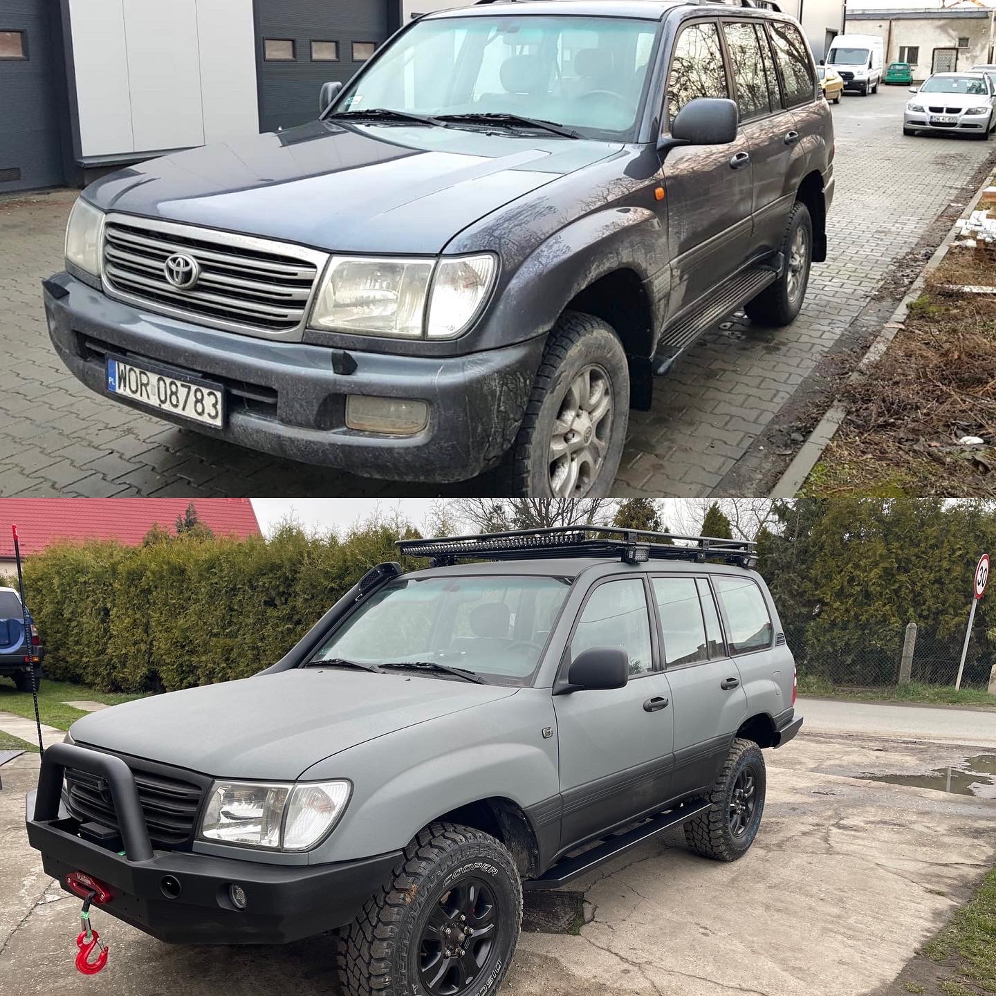 Porównanie: Toyota Land Cruiser przed i po tuningu, z widocznymi modyfikacjami karoserii, opon, orurowania i oświetlenia.