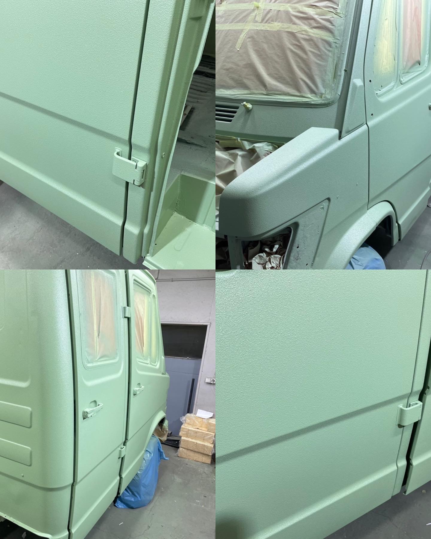 Czteropanelowe ujęcie odświeżonego, pastelowo-zielonego lakieru busa. Okna i niektóre elementy zabezpieczone taśmą malarską. Widoczna faktura lakieru.