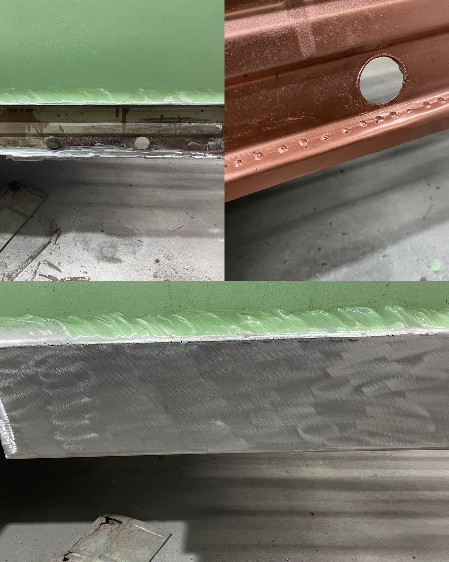 Fragment karoserii samochodu w trakcie naprawy blacharskiej: obszar zgrzewany i szlifowany, widoczne ślady spawania, obróbki metalu i przygotowania do lakierowania, zarys zielonej farby w górnej...