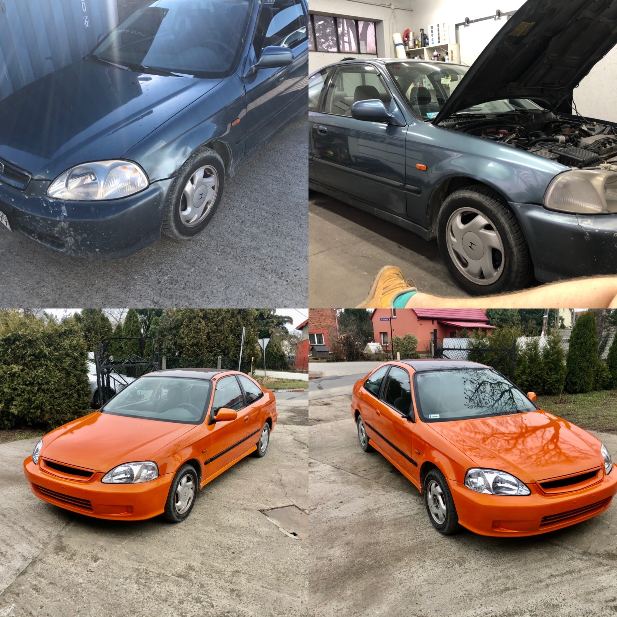 Kompozycja czterech ujęć: niebieski samochód przed i w trakcie naprawy z otwartą maską, oraz pomarańczowy samochód po tuningu z dwóch różnych perspektyw.