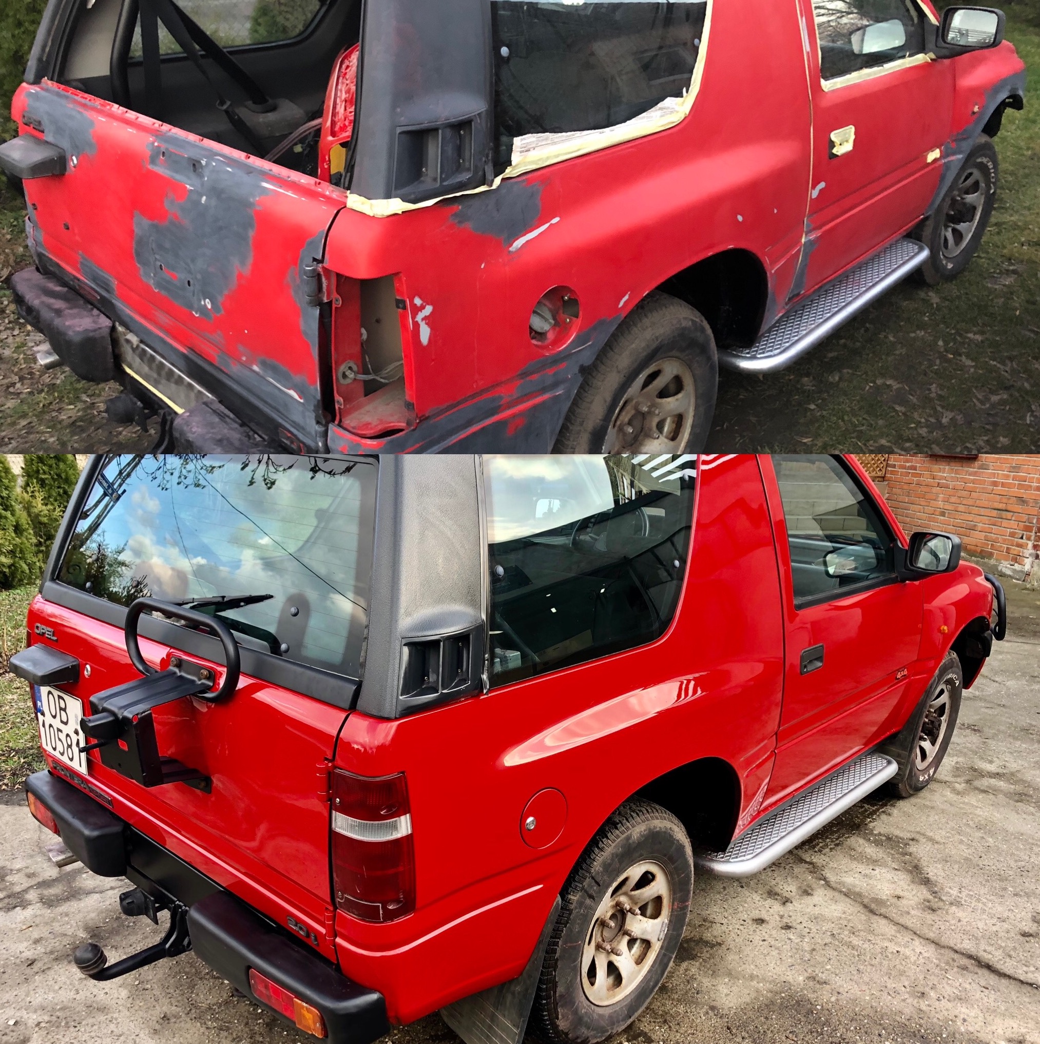 Czerwony Opel Frontera w trakcie renowacji blacharskiej i lakierniczej: widok przed i po nałożeniu nowej powłoki lakierniczej, z widocznymi śladami szpachli i taśmy maskującej.