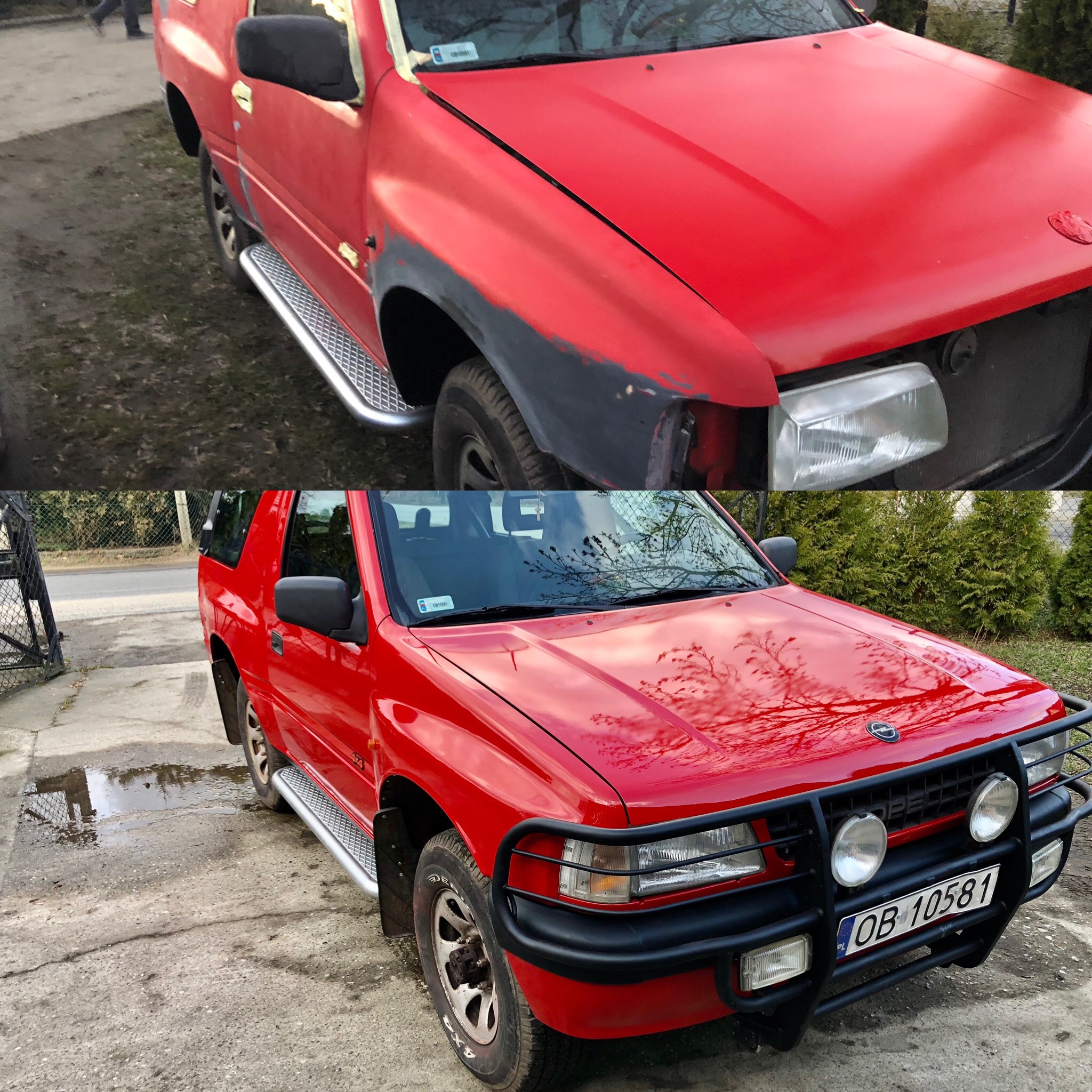 Czerwony Opel Frontera 4x4: górny kadr ukazuje auto w trakcie naprawy blacharskiej z elementami w szarym podkładzie, dolny kadr przedstawia odnowiony samochód z polerowaną karoserią i dodatkowym...