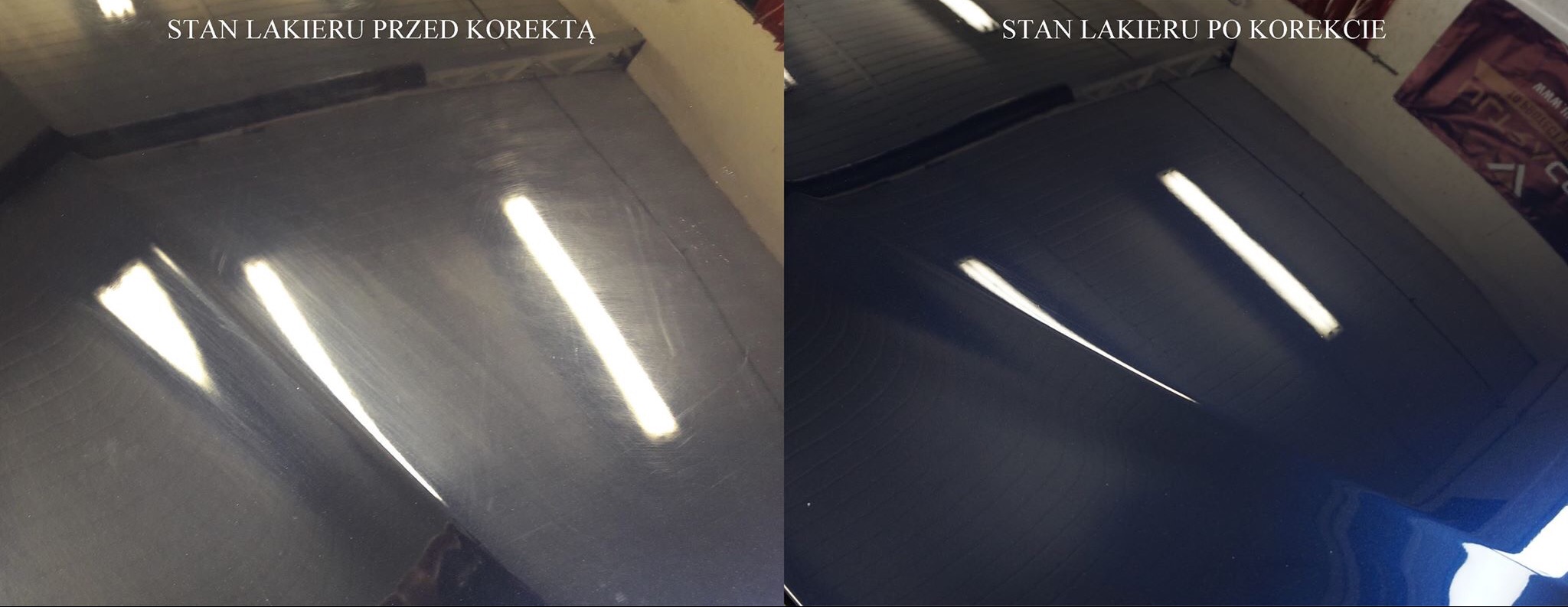 Porównanie stanu lakieru samochodowego przed i po korekcie, widoczne zarysowania i hologramy po lewej stronie oraz gładka powierzchnia po prawej.