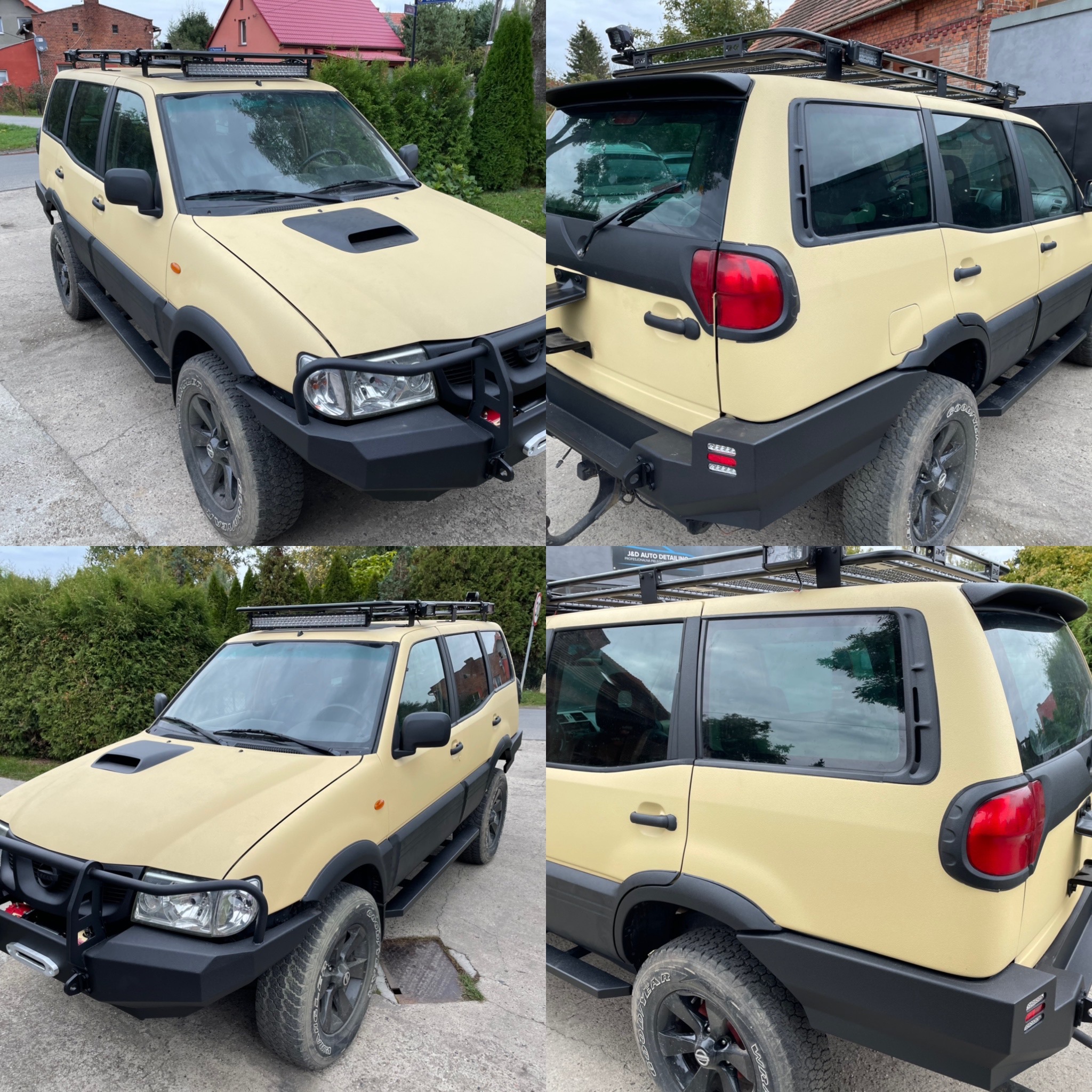 Beżowy samochód terenowy z czarnym orurowaniem, bagażnikiem dachowym i oświetleniem LED, prezentowany w czterech ujęciach z różnych stron.