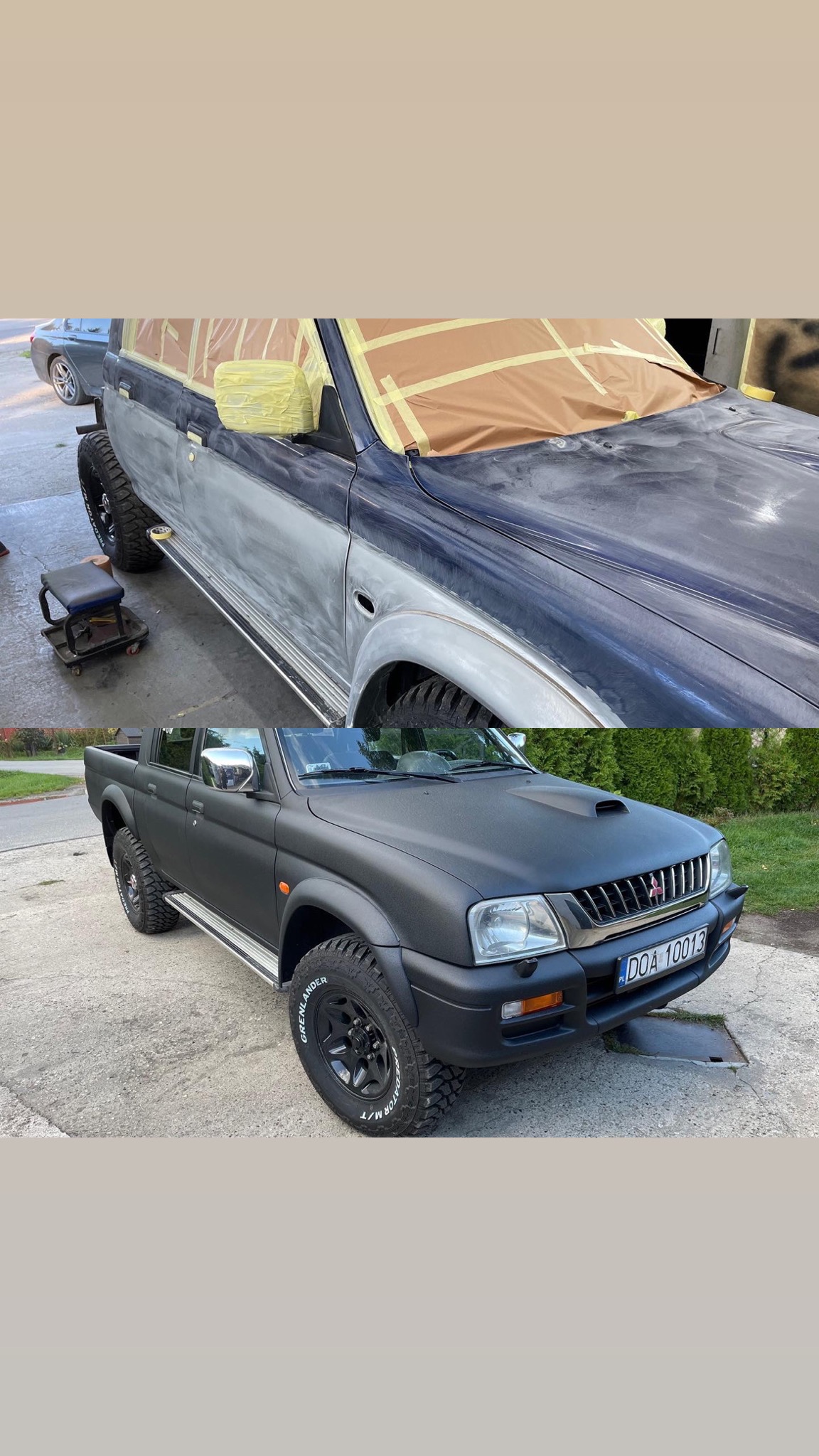 Mitsubishi L200 w trakcie renowacji blacharskiej w Gajkowie: górna część pojazdu przygotowana do lakierowania, dolna część po nałożeniu matowej, czarnej powłoki.