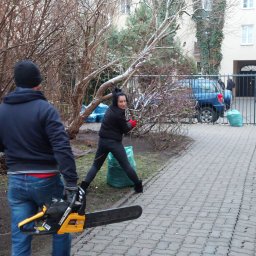 R.M.K Cleaning Service - Mężczyzna z piłą spalinową i kobieta w czerwonych rękawicach przycinają gałęzie krzewów przed budynkiem, worki na odpady w tle.