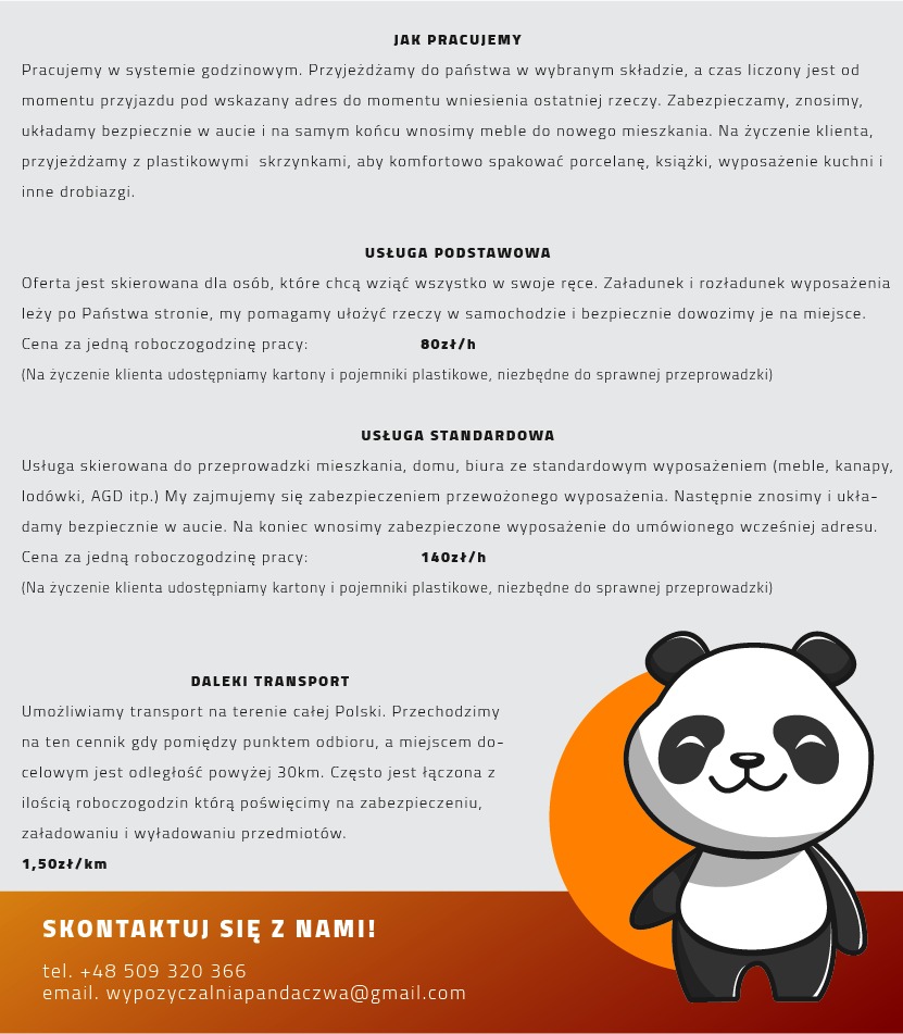Grafika reklamowa firmy transportowej z pandą w logo, oferującej usługi podstawowe, standardowe oraz daleki transport na terenie Polski, z podanymi cenami za roboczogodzinę i kilometr oraz danymi...