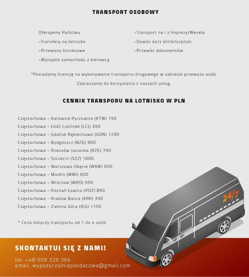 Grafika reklamowa firmy oferującej transport osobowy, z cennikiem na lotniska i wizualizacją busa z oznaczeniem dostępności 24/7.