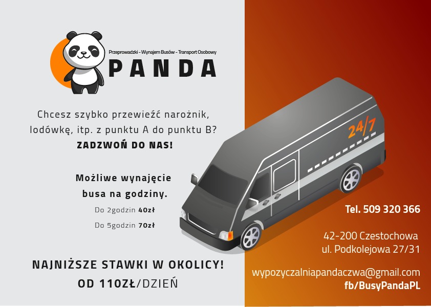 Grafika reklamowa wypożyczalni busów PANDA z ilustracją szarego busa w perspektywie izometrycznej, informacją o możliwości wynajęcia na godziny i najniższych stawkach w okolicy oraz danymi...