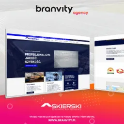 Prezentacja responsywnej strony internetowej na laptopie, z widocznym logo firmy 'Skierski' i hasłem 'Profesjonalizm. Jakość. Szybkość.', obok fragment strony z ofertami pracy i logotypami klientów.