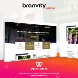 Dwa ekrany urządzeń elektronicznych prezentują stronę internetową salonu groomerskiego Pom Pom w Poznaniu, z logo firmy widocznym na obydwu ekranach i hasłem 'My fashion philosophy is, if you're...