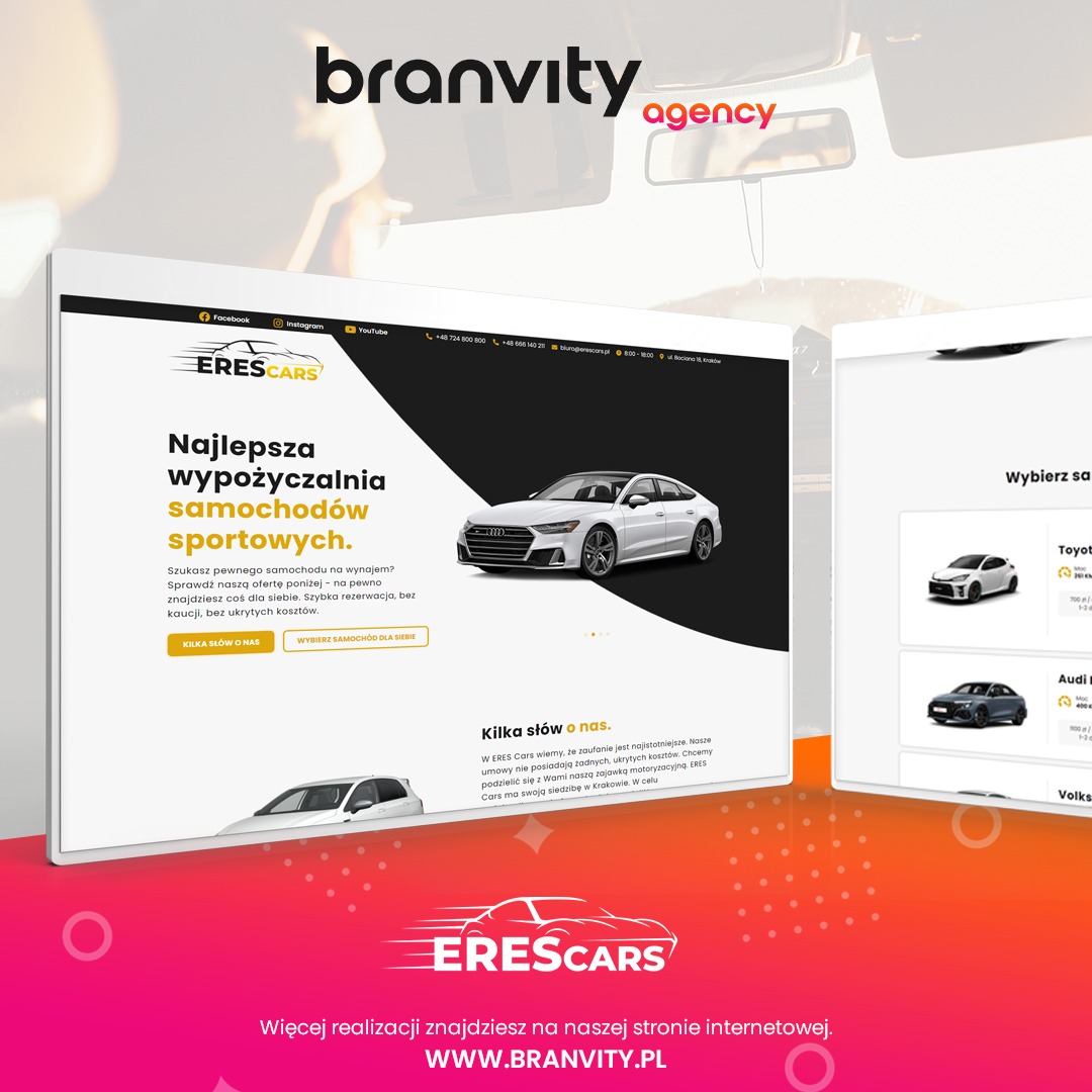 Prezentacja strony internetowej firmy ERES Cars na laptopie, oferującej wynajem samochodów sportowych, z logo Branvity Agency w tle.