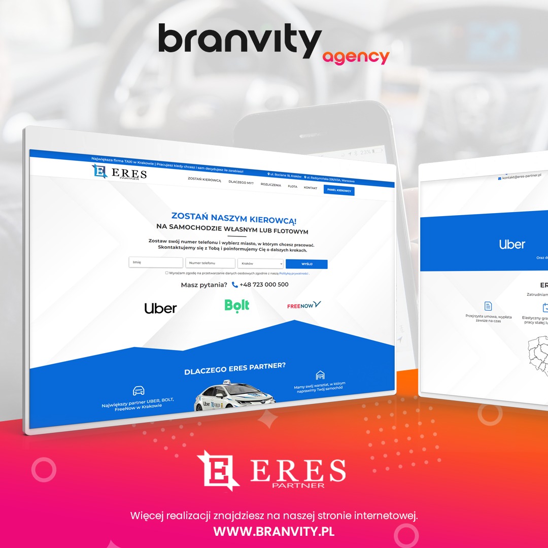 Dwa ekrany smartfonów prezentujące interfejs strony internetowej agencji Branvity, z ofertą dla kierowców Uber, Bolt i FreeNow, na tle rozmytego wnętrza samochodu.