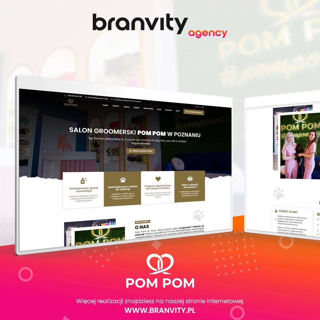 Dwa ekrany urządzeń elektronicznych prezentują stronę internetową salonu groomerskiego Pom Pom w Poznaniu, z logo firmy widocznym na obydwu ekranach i hasłem 'My fashion philosophy is, if you're...