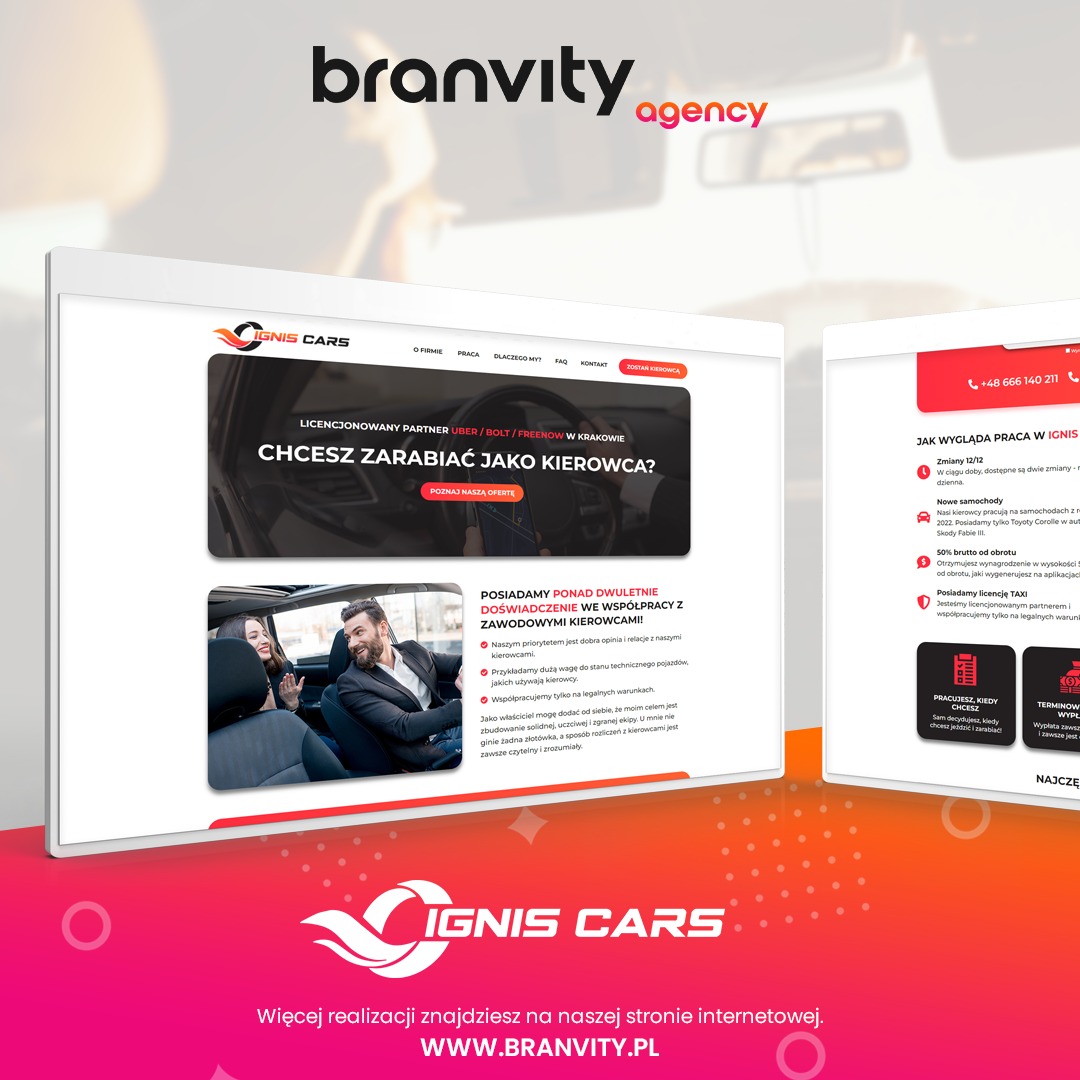 Wyświetlacz laptopa prezentujący projekt strony internetowej dla firmy Ignis Cars, z widocznym logo i hasłem rekrutacyjnym dla kierowców Uber/Bolt/FreeNow, obok druga strona z informacjami...