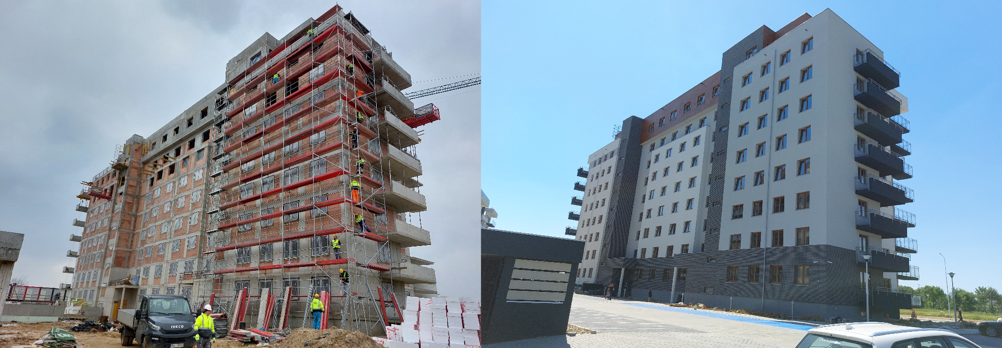 Dwa ujęcia tego samego budynku mieszkalnego: po lewej w trakcie budowy z rusztowaniami i robotnikami, po prawej po zakończeniu prac z wykończoną elewacją, balkonami i miejscami parkingowymi.
