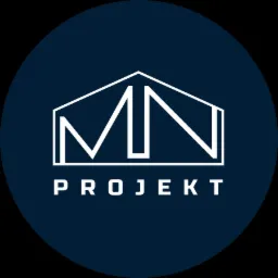 Logo firmy projektowej MN Projekt, biały minimalistyczny znak graficzny w kształcie domu na granatowym tle koła.