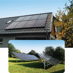 Dwa ujęcia instalacji paneli słonecznych: na dachu domu z brązową dachówką oraz na metalowej konstrukcji na zielonej łące.