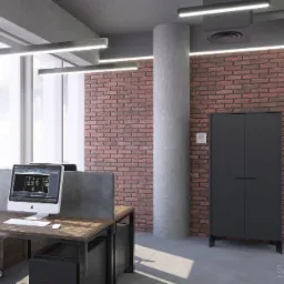 Nowoczesne biuro z ceglaną ścianą, betonowym filarem i minimalistycznym biurkiem z komputerem wyświetlającym projekt. Oświetlenie liniowe LED. Widoczne duże okno z widokiem na miasto.