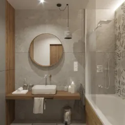 Wizualizacja nowoczesnej łazienki z drewnianymi akcentami, okrągłym lustrem i wanną z dekoracyjną płytką, oświetlona punktowo i wiszącą lampą.
