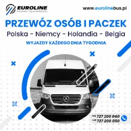 Grafika reklamowa z białym busem marki Mercedes i hasłem 'Przewóz osób i paczek Polska - Niemcy - Holandia - Belgia. Wyjazdy każdego dnia tygodnia' oraz logo firmy Eurolines.