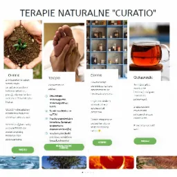 Układ strony internetowej z sekcjami oferującymi informacje o terapii naturalnej, w tym refleksologii i doradztwie dietetycznym, z przyciskami nawigacyjnymi.