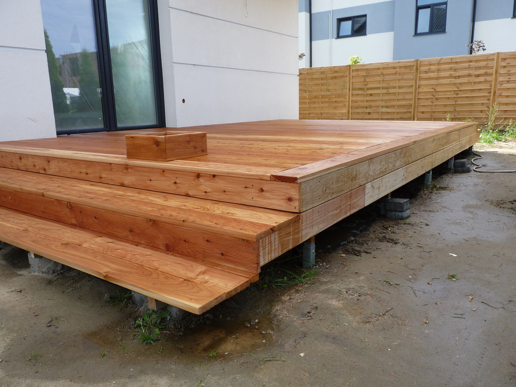 Nowo wybudowany, drewniany taras z niskimi schodami, wykonany z jasnego drewna, z donicą na górnym poziomie, na tle białego domu z szarymi elementami i drewnianego płotu.